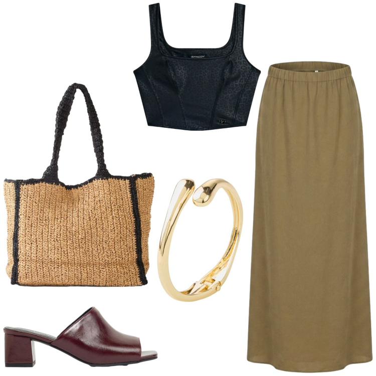 Outfit donna - Total look #2442581. Stile Casual chic per Tutti i giorni. Abbinamento con ciabatte, braccialetti, shopping bag, gonne lunghe, top.