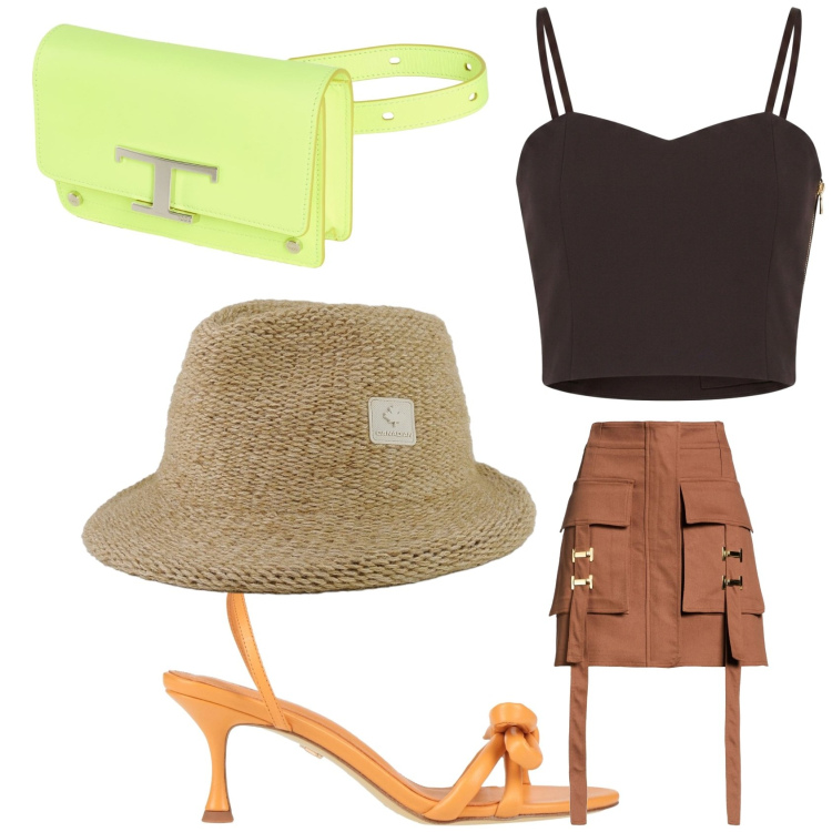 Outfit donna - Accessori colorati. Stile Chic per Tutti i giorni. Abbinamento con marsupi, minigonne, sandali in pelle, top, cappelli.