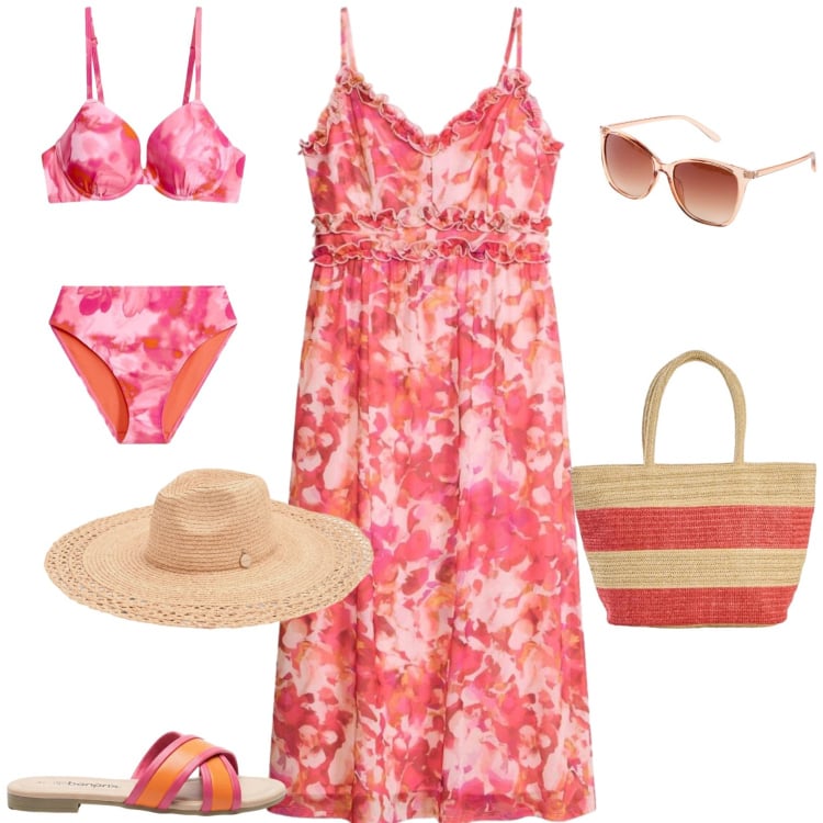 Outfit donna - Giornata mare sera. Stile Romantica per Mare. Abbinamento con shopping bag, occhiali da sole, vestiti, bikini, ciabatte, cappelli.