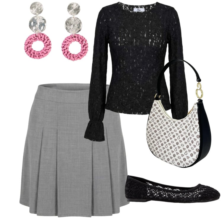 Outfit donna - Le prime serate fresche. per Serata fuori. Abbinamento con ballerine, orecchini, minigonne, top, borse a spalla.