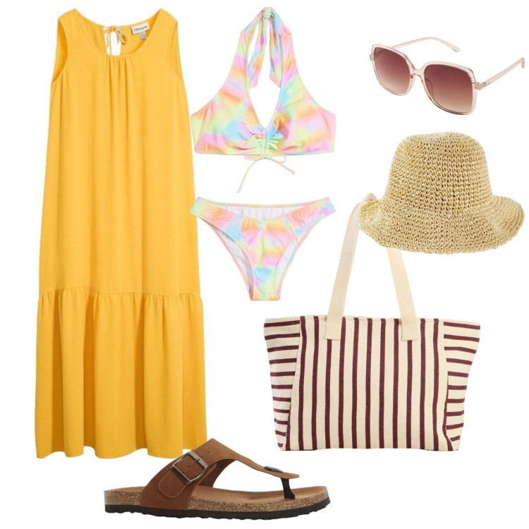 Outfit donna - Al mare colorata. per Mare. Abbinamento con cappelli, occhiali da sole, bikini, infradito, vestiti lunghi, shopping bag.