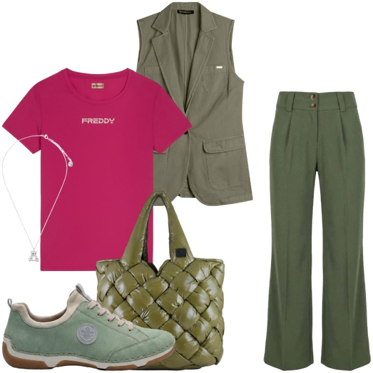 Outfit donna - Total look #2442590. Stile Casual chic per Tutti i giorni. Abbinamento con sneakers, pantaloni, gilet, t-shirt, ciondoli, borse tote.