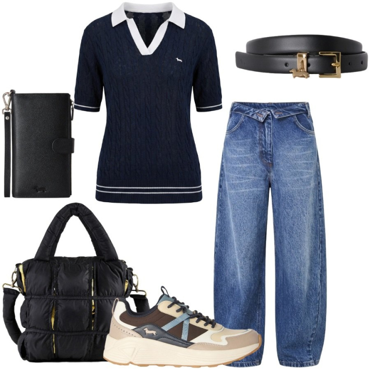 Outfit donna - Total look #2442592. Stile Casual chic per Tutti i giorni. Abbinamento con polo, portafogli, sneakers, cinture, borse a mano, jeans mom.