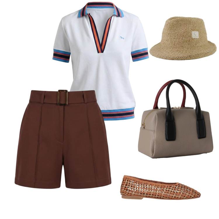 Outfit donna - Urban holiday. per Tutti i giorni. Abbinamento con ballerine, polo, borse a mano, cappelli, shorts.