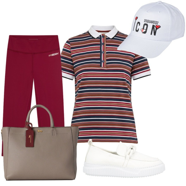 Outfit donna - Total look #2442595. Stile Casual chic per Tutti i giorni. Abbinamento con mocassini, cappelli con visiera, polo, borse a mano, leggings.