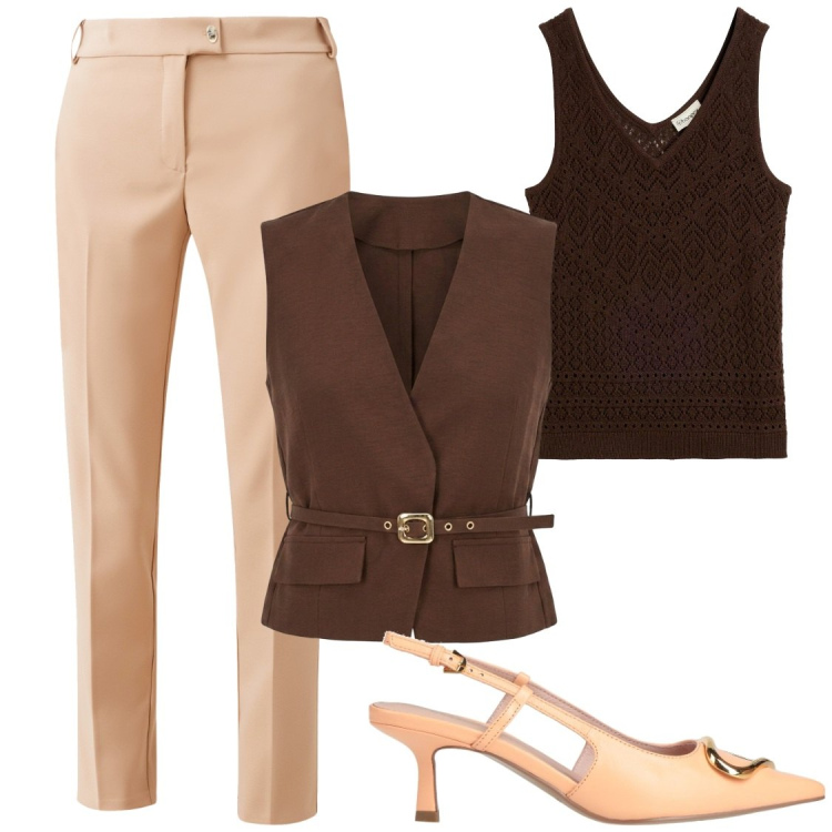 Outfit donna - Business donna. Stile Chic per Ufficio. Abbinamento con décolleté, canottiere, pantaloni, gilet.