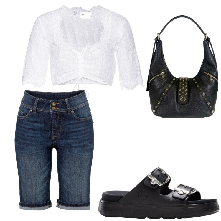 Outfit donna - Aperitivo d\'estate Curvy. Stile Romantica per Tutti i giorni. Abbinamento con top, bermuda, ciabatte, borse a spalla.