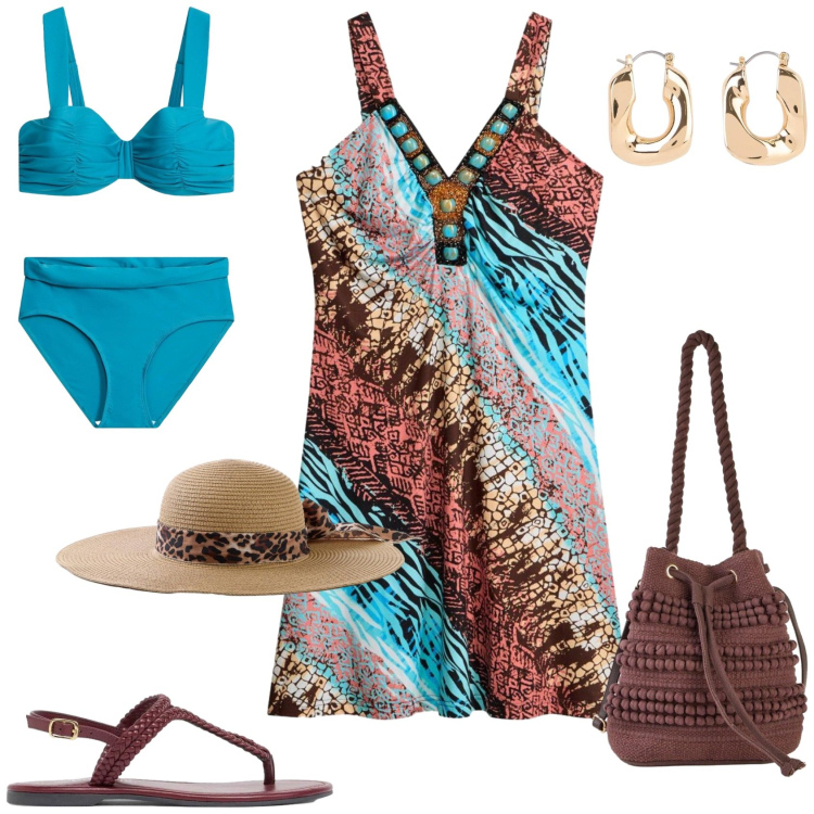 Outfit donna - Marrone turchese animalier per il mare. Stile Boho per Mare. Abbinamento con vestiti, borse a secchiello, orecchini, cappelli, ciabatte, bikini.