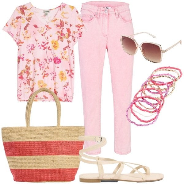 Outfit donna - Stampe che illuminano. Stile Casual chic per Tutti i giorni. Abbinamento con pantaloni, sandali, shopping bag, occhiali da sole, bluse, braccialetti.