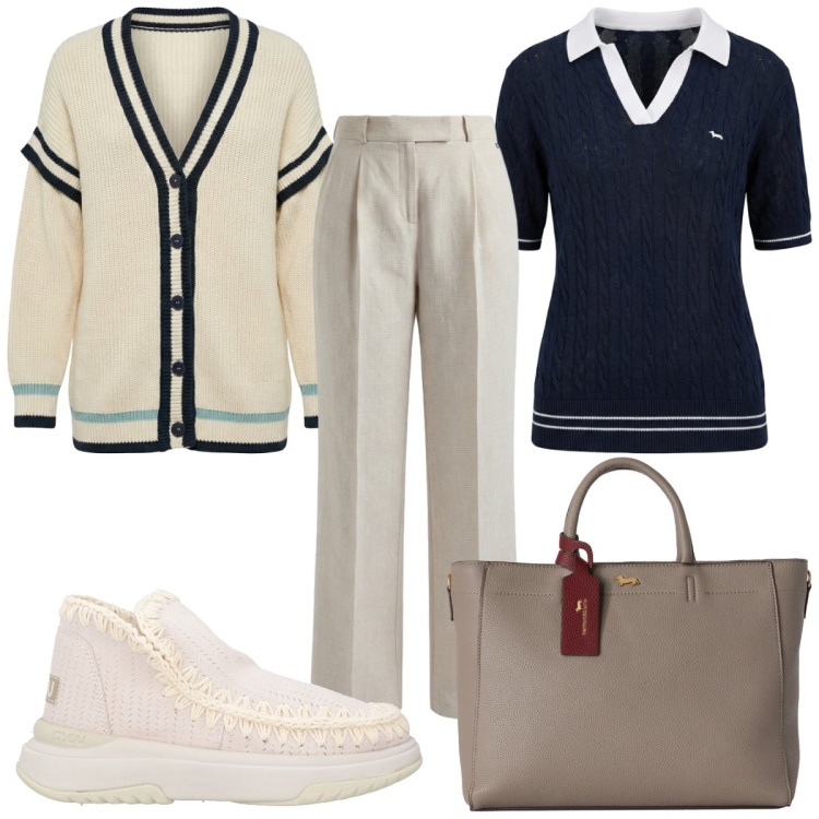 Outfit donna - Total look #2442604. Stile Casual per Ufficio. Abbinamento con stivaletti, polo, pantaloni, cardigans, borse a mano.