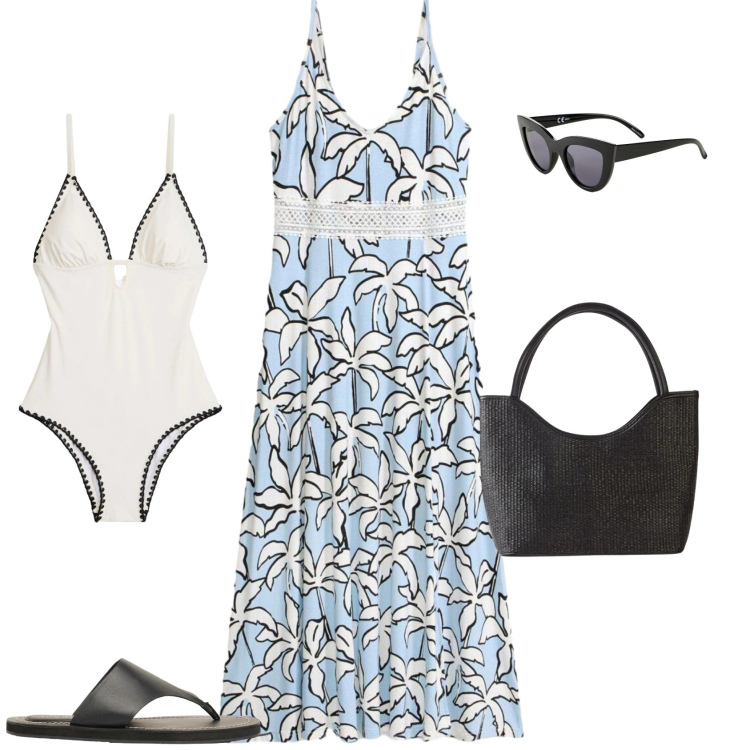 Outfit donna - Casual chic al mare. Stile Casual chic per Mare. Abbinamento con occhiali da sole, infradito, costumi interi, shopping bag, vestiti lunghi.