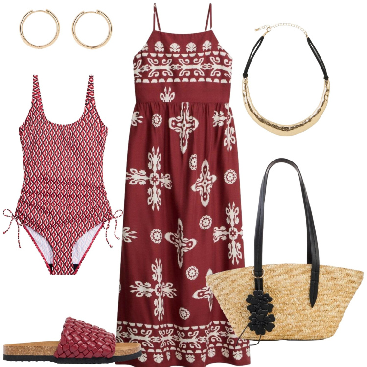 Outfit donna - Boho per il mare. Stile Boho per Mare. Abbinamento con shopping bag, orecchini, collane, vestiti, ciabatte, costumi interi.