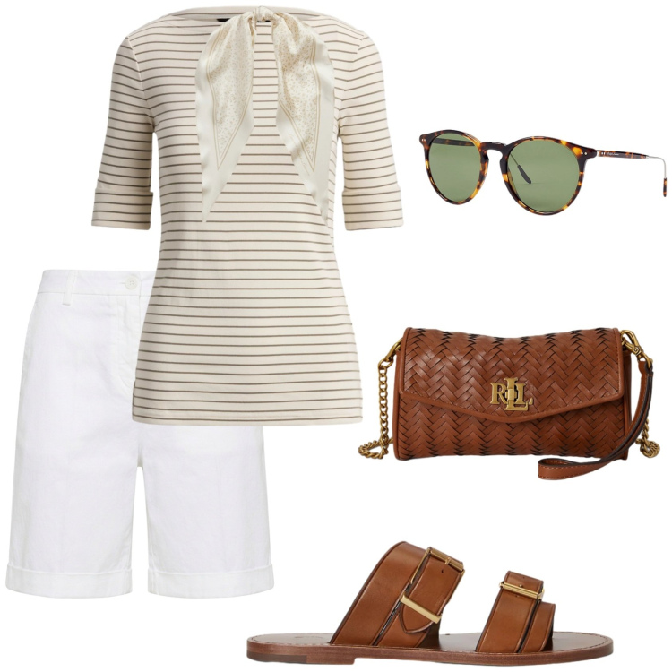 Outfit donna - Total look #2442651. Stile Bon Ton per Mare. Abbinamento con bermuda, occhiali da sole, sandali in pelle, foulard, t-shirt, portafogli.