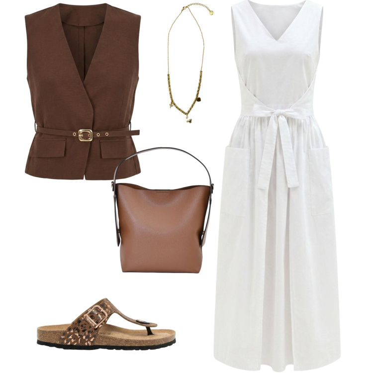 Outfit donna - Boho chic serata al mare. Stile Boho per Serata fuori. Abbinamento con infradito, ciondoli, gilet, vestiti lunghi, borse a mano.