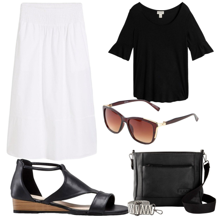 Outfit donna - Bianco e nero Bonprix. Stile Casual chic per Tutti i giorni. Abbinamento con sandali, gonne longuette, t-shirt, borse a tracolla, occhiali da sole.
