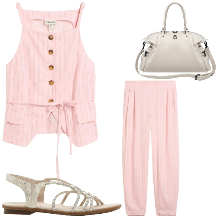 Outfit donna - Completi Bonprix. Stile Chic per Tutti i giorni. Abbinamento con sandali, canottiere, pantaloni, shopping bag.