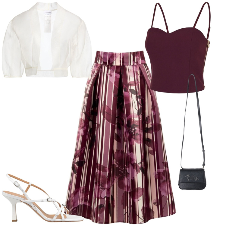 Outfit donna - Chic serata evento estivo. Stile Chic per Serata fuori. Abbinamento con blazer, sandali in pelle, borse a tracolla, gonne longuette, top.