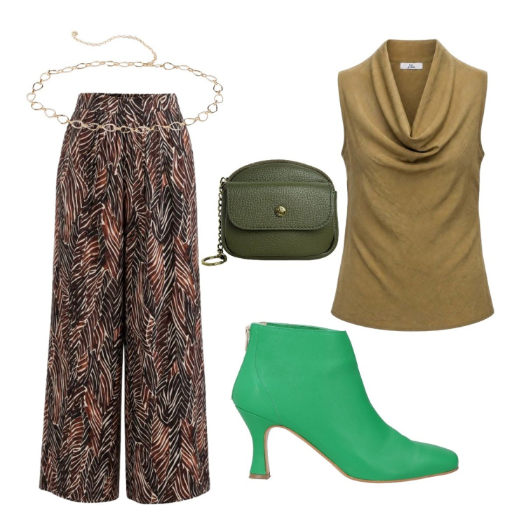 Outfit donna - Pantaloni stampa floreale geometrica. Stile Bon Ton per Tutti i giorni. Abbinamento con stivaletti, cinture, pantaloni a palazzo, canottiere, portachiavi.