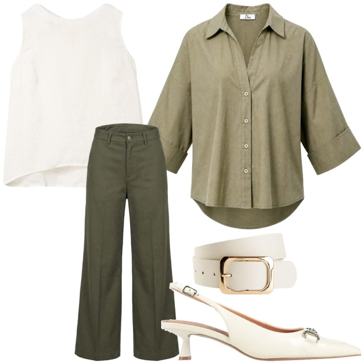 Outfit donna - Outfit versatili con cambio scarpa. Stile Chic per Ufficio. Abbinamento con décolleté, cinture, canottiere, camicie a manica corta, pantaloni a palazzo.