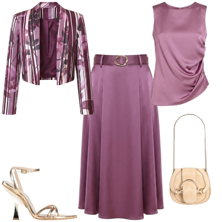 Outfit donna - Chic rosa antico cerimonia evento serata. Stile Chic per Serata fuori. Abbinamento con marsupi, sandali in pelle, blazer, canottiere, gonne longuette.