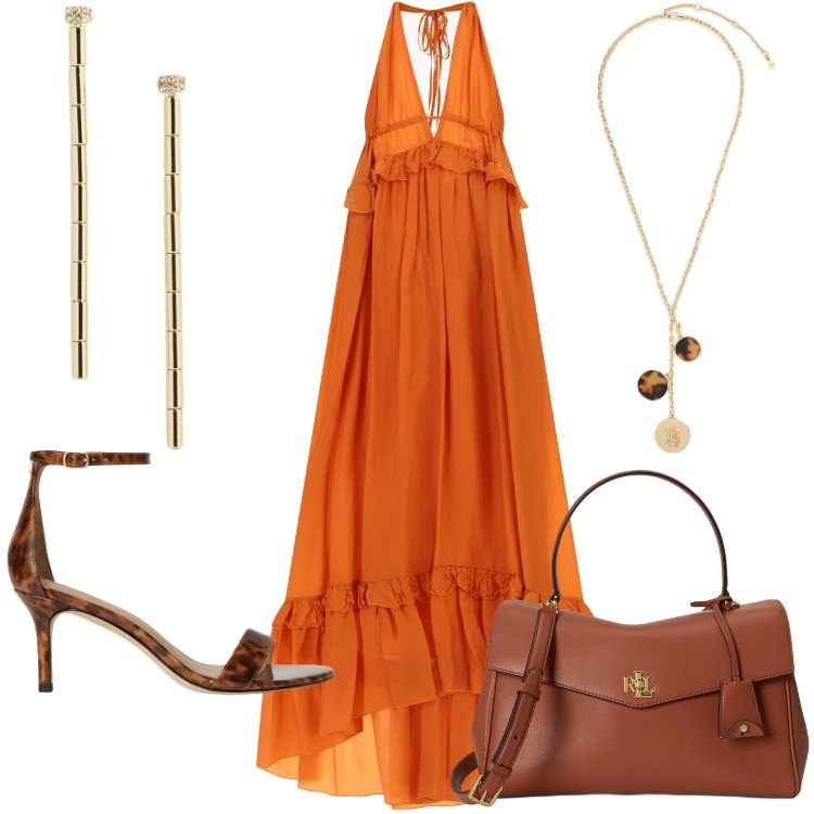 Outfit donna - Sunset Gold. Stile Chic per Serata fuori. Abbinamento con vestiti lunghi, sandali in pelle, orecchini, borse a mano, collane.