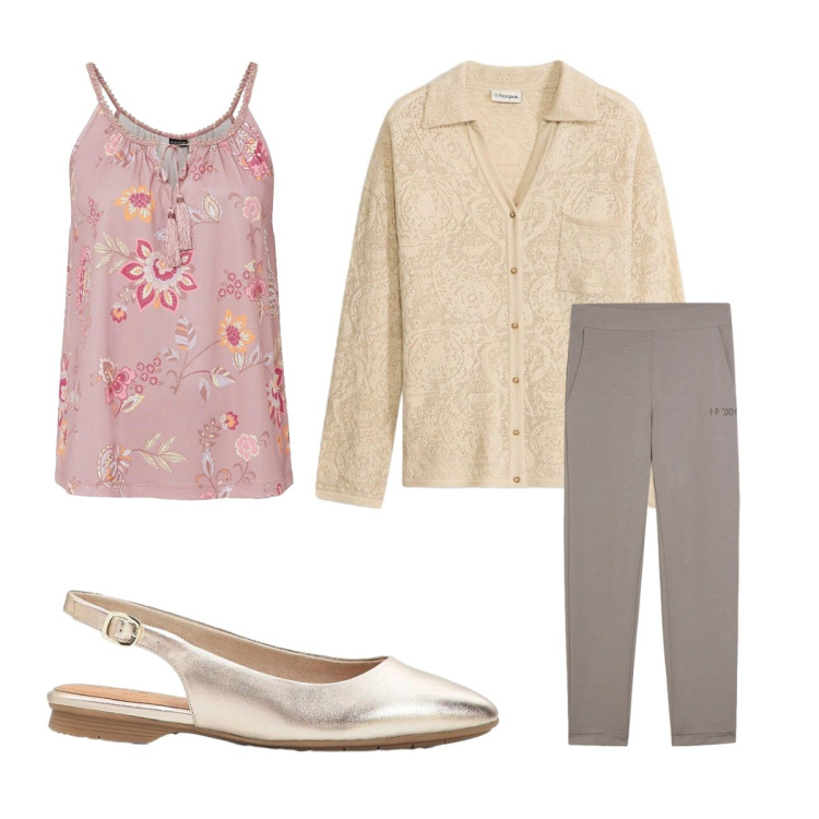 Outfit donna - Il top rosa. Stile Casual chic per Ufficio. Abbinamento con cardigans, top, ballerine, pantaloni.