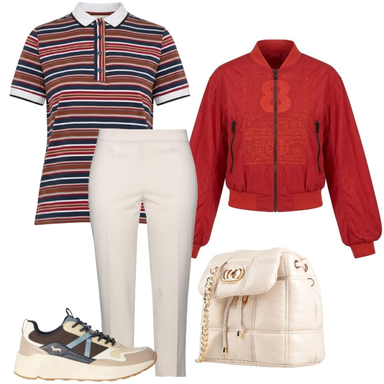 Outfit donna - Armonia di colori Urban style. Stile Urban per Tutti i giorni. Abbinamento con valigie, pantaloni, polo, sneakers, bomber.