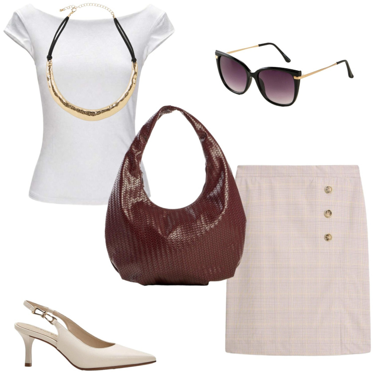 Outfit donna - In ufficio. Stile Chic per Ufficio. Abbinamento con décolleté, gonne longuette, collane, occhiali da sole, borse a mano, top.