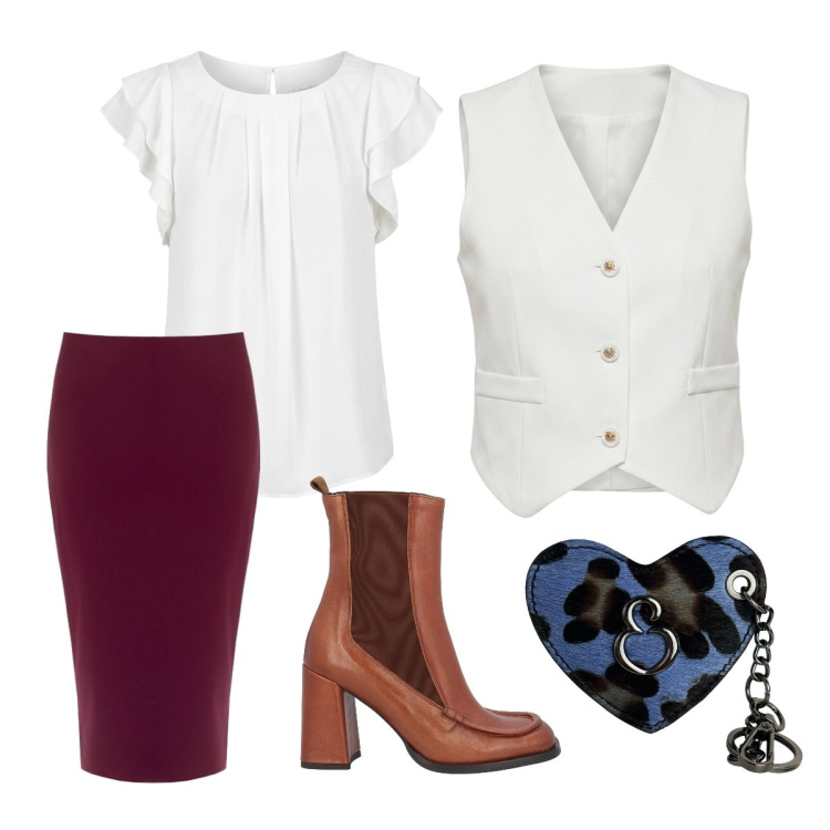 Outfit donna - Luglio. Stile Basic per Cerimonia. Abbinamento con stivaletti chelsea, portachiavi, gilet, gonne longuette, canottiere.