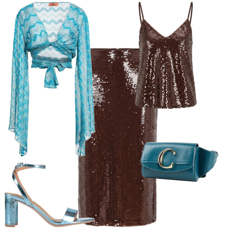 Outfit donna - Glamour serata evento. Stile Glamour per Serata fuori. Abbinamento con marsupi, blazer, sandali in pelle, gonne longuette, top.