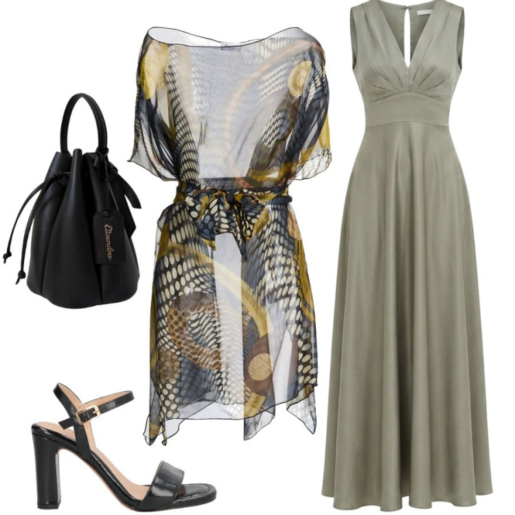 Outfit donna - Sovrapposizioni e trasparenze. Stile Chic per Serata fuori. Abbinamento con top, sandali in pelle, borse a secchiello, vestiti lunghi.