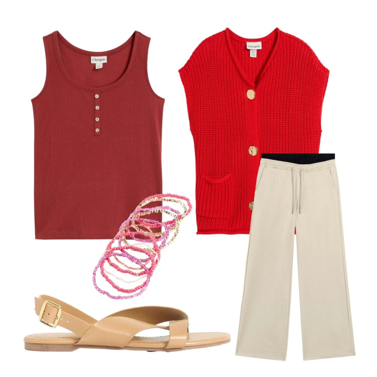 Outfit donna - Il top dell’estate. Stile Sporty chic per Ufficio. Abbinamento con maglieria, braccialetti, sandali, canottiere, pantaloni.