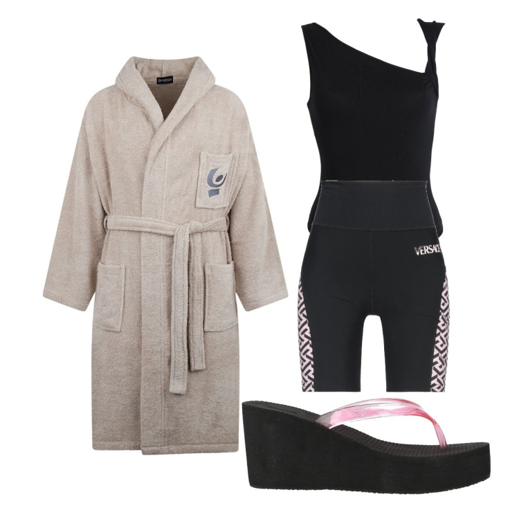 Outfit donna - La protagonista. Stile Casual per Tutti i giorni. Abbinamento con body, ciabatte, leggings, accappatoi.
