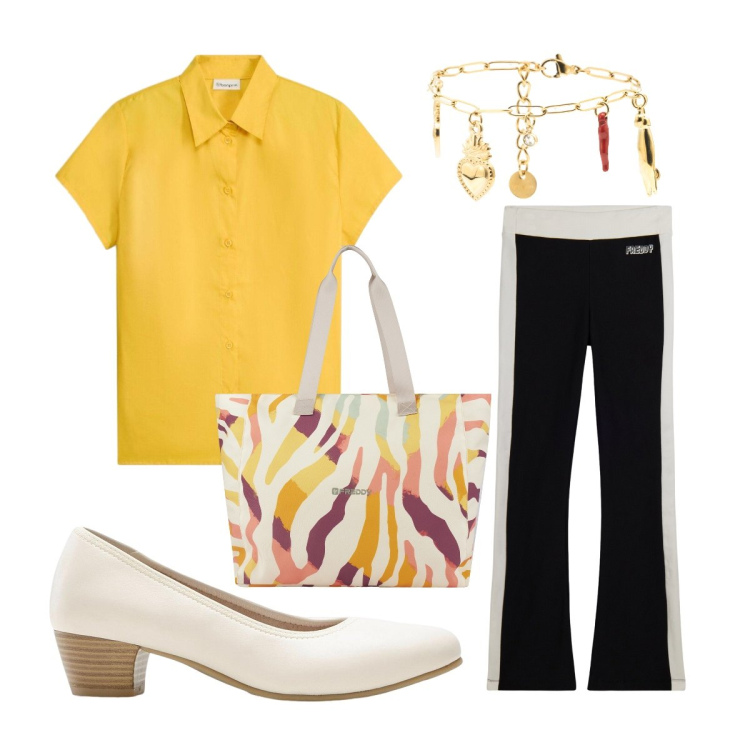 Outfit donna - Giallo paglierino estivo. Stile Sporty chic per Ufficio. Abbinamento con décolleté, camicie a manica corta, pantaloni, braccialetti, shopping bag.