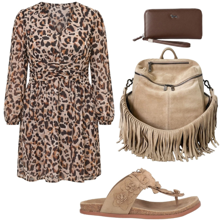 Outfit donna - Stampe che illuminano. Stile Etnico per Tutti i giorni. Abbinamento con infradito, portafogli, zaini, vestiti corti.