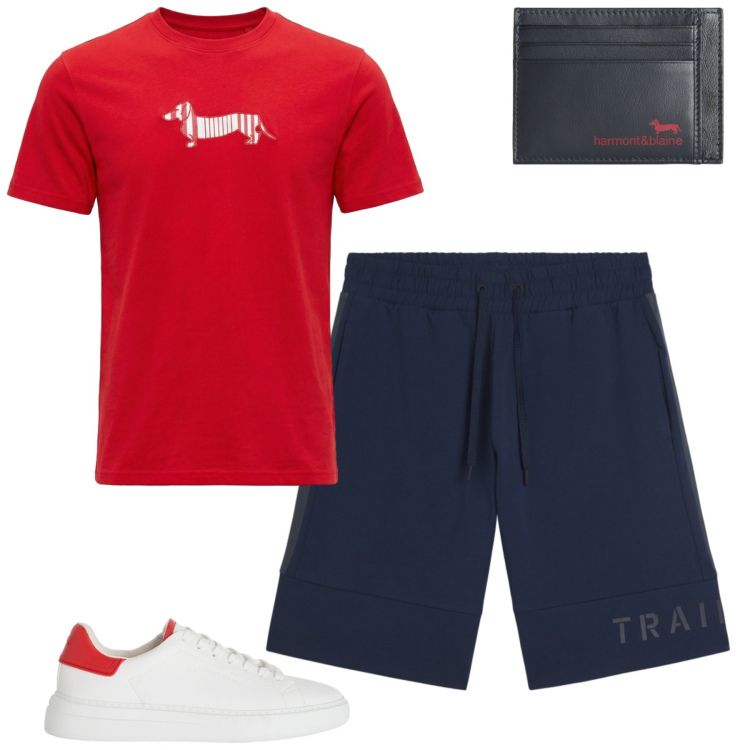 Outfit uomo - Luglio. Stile Casual per Tutti i giorni. Abbinamento con portafogli, sneakers, t-shirt, bermuda.
