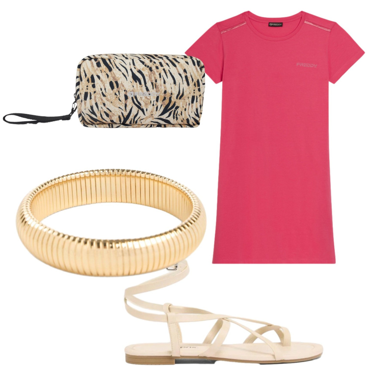 Outfit donna - Il vestito magenta. Stile Basic per Tutti i giorni. Abbinamento con sandali, braccialetti, vestiti corti, valigie.