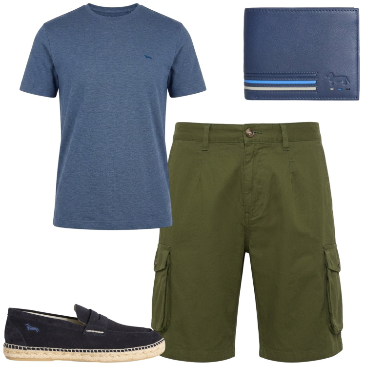 Outfit uomo - Luglio. Stile Casual per Tutti i giorni. Abbinamento con portafogli, bermuda, espadrillas, t-shirt.