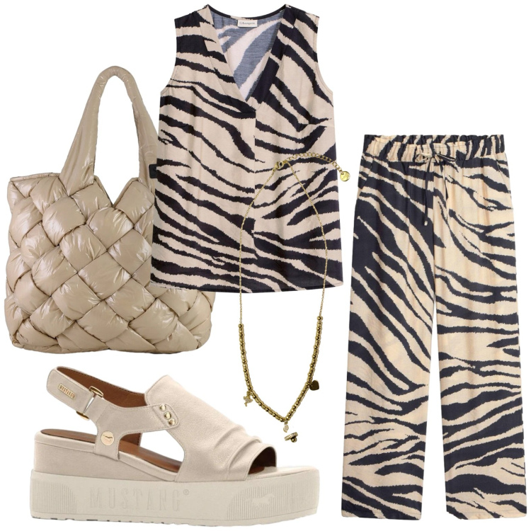 Outfit donna - Stampe che illuminano. Stile Glamour per Tutti i giorni. Abbinamento con pantaloni a palazzo, top, sandali, ciondoli, borse tote.