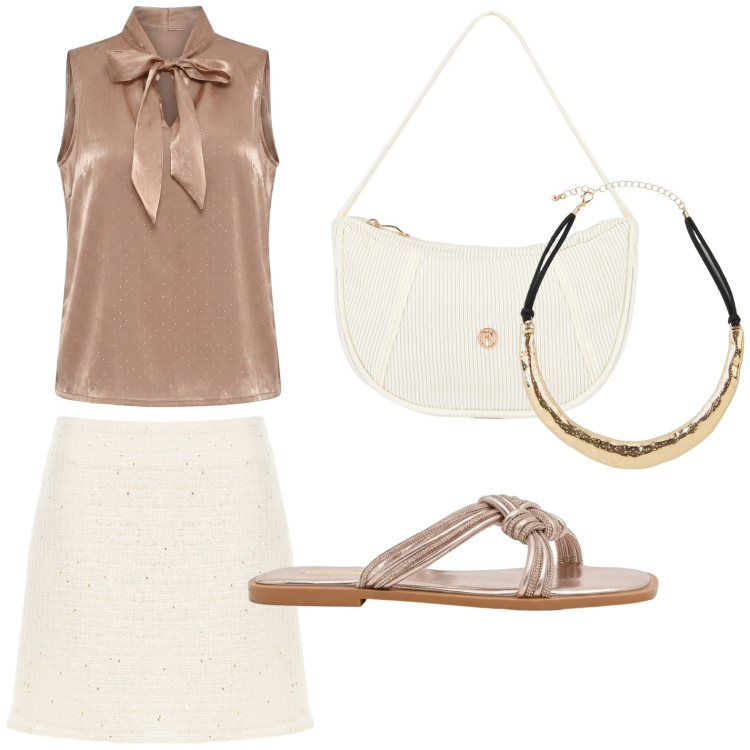 Outfit donna - Stampe che illuminano. Stile Glamour per Tutti i giorni. Abbinamento con collane, borse a mano, minigonne, sandali, top.