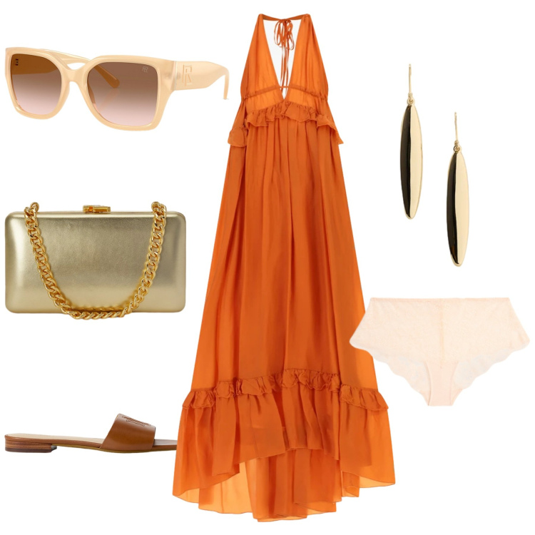 Outfit donna - Estate. Stile Boho per Serata fuori. Abbinamento con occhiali da sole, ciabatte, culotte, clutch, orecchini, vestiti lunghi.