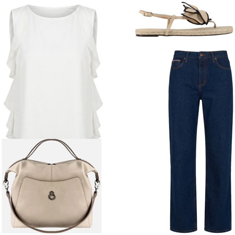 Outfit donna - Elevated jeans outfit. Stile Casual chic per Tutti i giorni. Abbinamento con espadrillas, jeans, borse a mano, top.