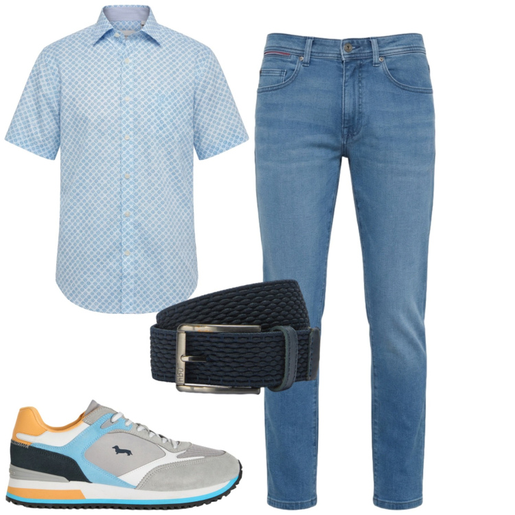 Outfit uomo - City. Stile Casual per Tutti i giorni. Abbinamento con sneakers, jeans slim fit, camicie a manica corta, cinture.