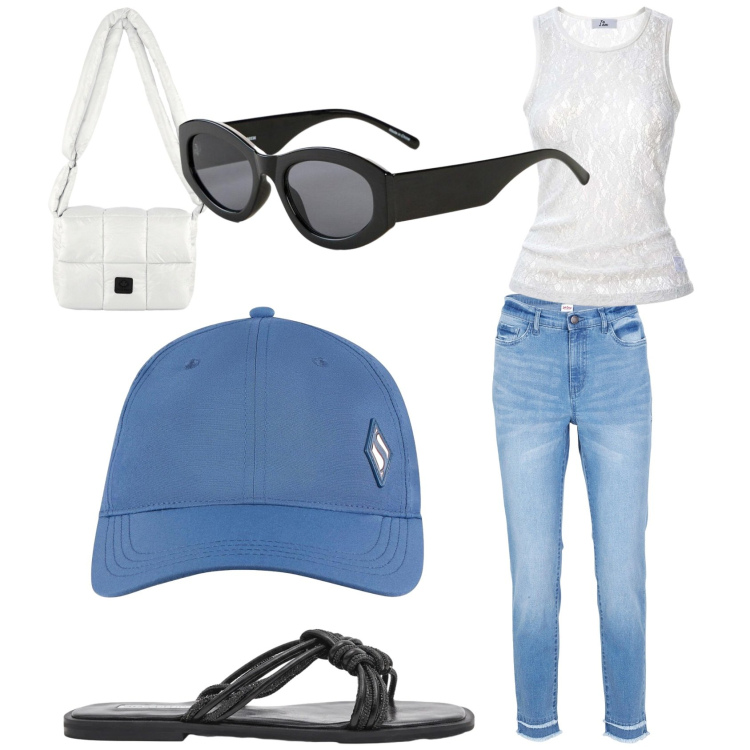 Outfit donna - Jeans e canotta. Stile Casual per Tutti i giorni. Abbinamento con jeans, cappelli con visiera, occhiali da sole, top, borse a spalla, sandali.