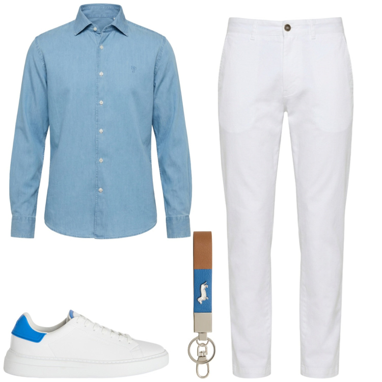 Outfit uomo - Luglio. Stile Casual per Tutti i giorni. Abbinamento con portachiavi, sneakers, camicie, pantaloni.