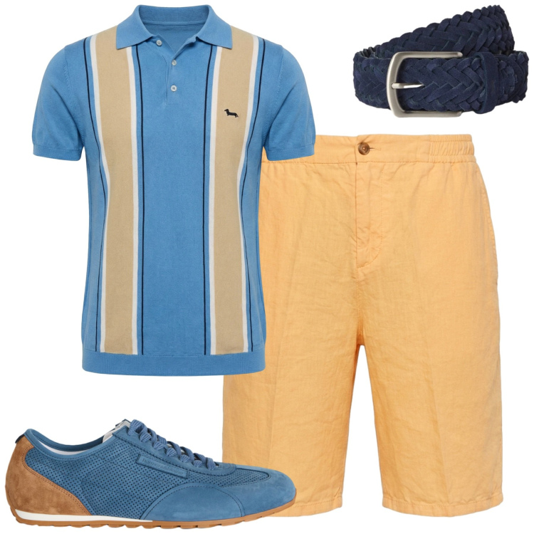 Outfit uomo - City. Stile Casual per Tutti i giorni. Abbinamento con sneakers, bermuda, polo, cinture.