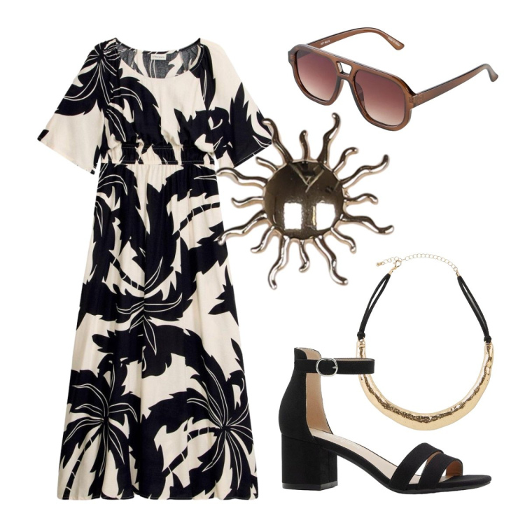 Outfit donna - Aperitivo dopo il lavoro. Stile Etnico per Serata fuori. Abbinamento con vestiti lunghi, sandali col tacco, occhiali da sole, collane, blazer.