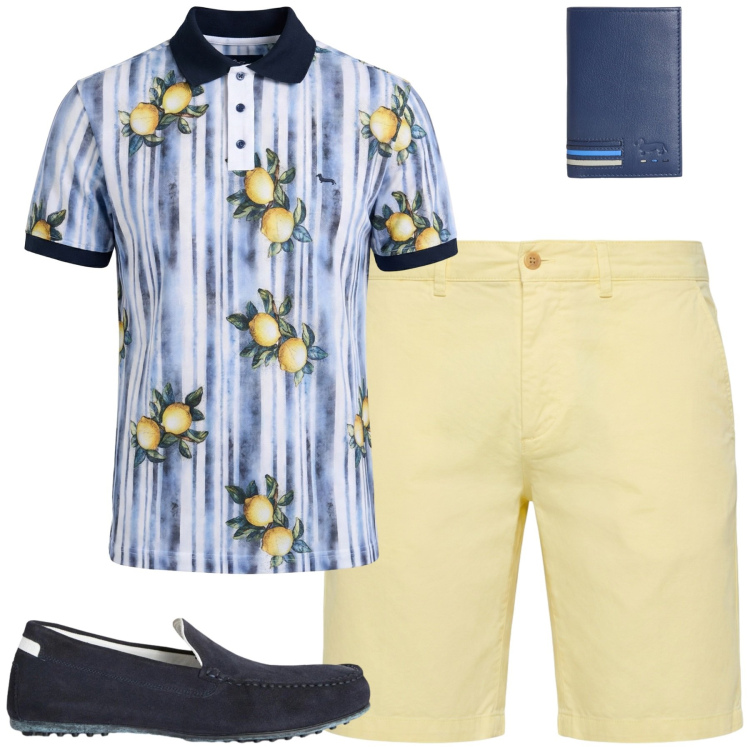 Outfit uomo - Al mare. Stile Trendy per Mare. Abbinamento con scarpe stringate, portafogli, polo, bermuda.