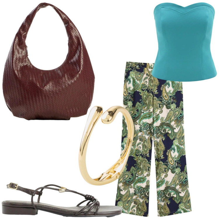 Outfit donna - Stampe che illuminano Curvy. Stile Etnico per Tutti i giorni. Abbinamento con pantaloni, braccialetti, sandali, borse a mano, top.
