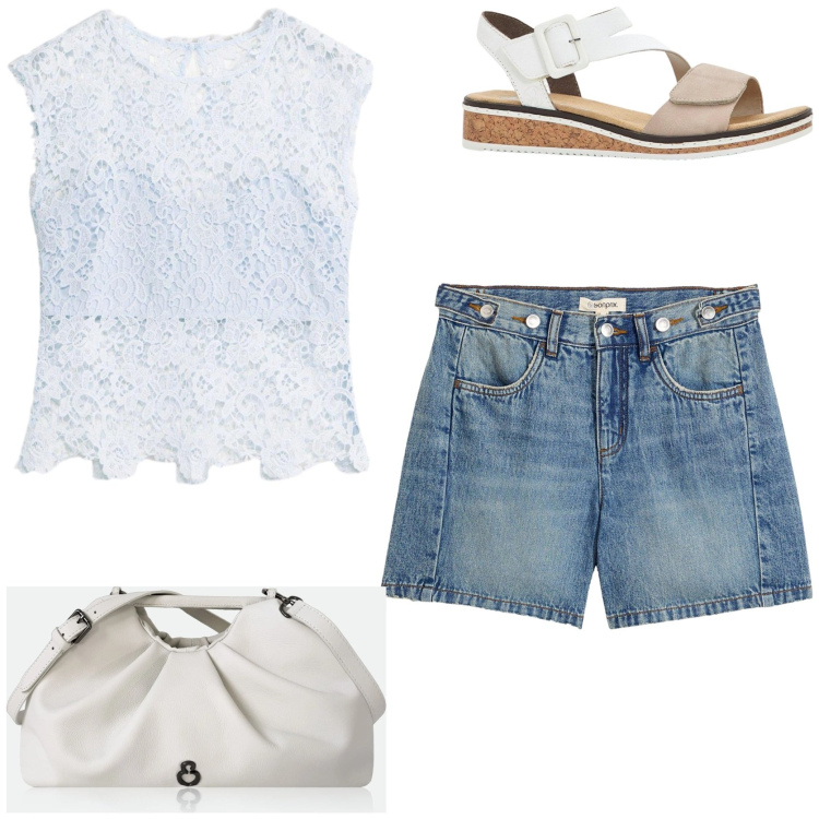 Outfit donna - Weekend in città. Stile Casual chic per Tutti i giorni. Abbinamento con sandali, shorts, canottiere, clutch.